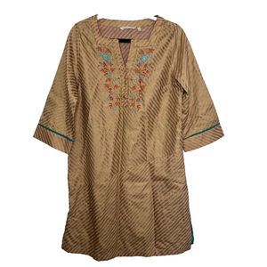 Soft Surroundings Dress Women's Small Gold Pink Stripe Embroidered Flower